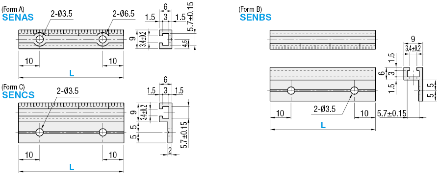 Schienen für Schalter+Sensoren/Aluminium/Mit Skala/Maß L konfigurierbar/Formen A/B/C:Verwandte bildanzeige
