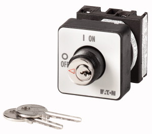 EIN-AUS-Schalter, T0, 20 A, Zentraleinbau, 2-polig, mit schwarzem Knebel und Frontschild, Schlüsselbetätigung S-T0 T0-1-8201/E
