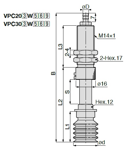 Vakuumsauger mehrstufiger Faltenbalg Modell VPB Eine -Touch Bauform der Aufnahme
