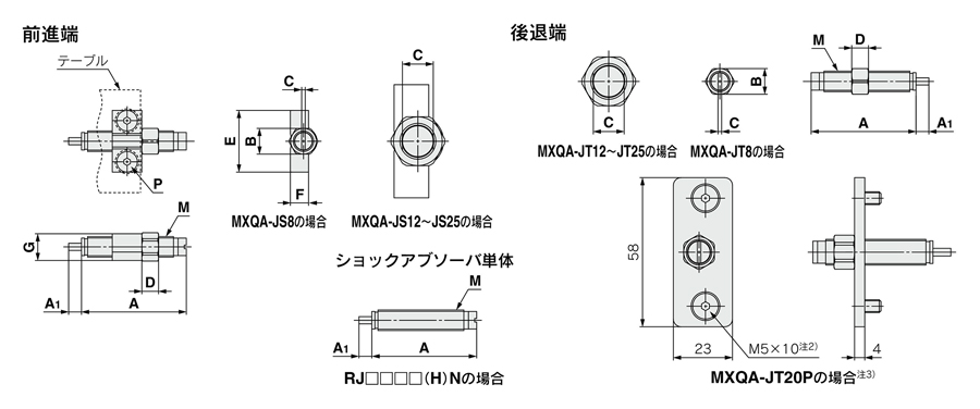 Luftschiebetisch Serie MXQ gemeinsame Verstellmöglichkeit Stoßdämpfer / RJ Umrisszeichnung