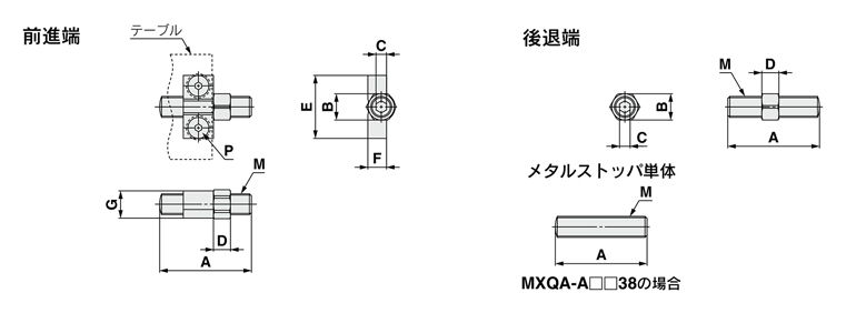 Luftschiebetisch Serie MXQ gemeinsame Verstellmöglichkeit Metallstopper Umrisszeichnung