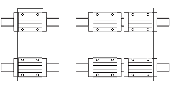 Beispiel Profilschienenführung in Parallelanordnung: mit 1 bzw. 2 Führungswagen