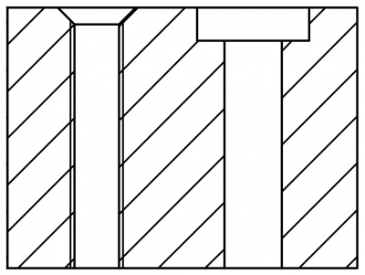 Darstellung von Bohrungen mit Senkungen - links 45° mit Gewinde, rechts 90° ohne Gewinde