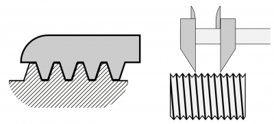 Beispielabbildung - Gewindesteigung messen mit Gewindelehre (links) oder Messschieber (rechts)