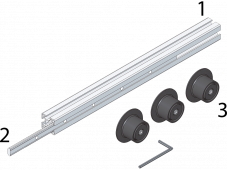 Montage der Laufrolle mit 1 - Aluprofil, 2 - Schiene zur Befstigung der Laufrollen, 3 - Laufen mit Inbus-Befestigung