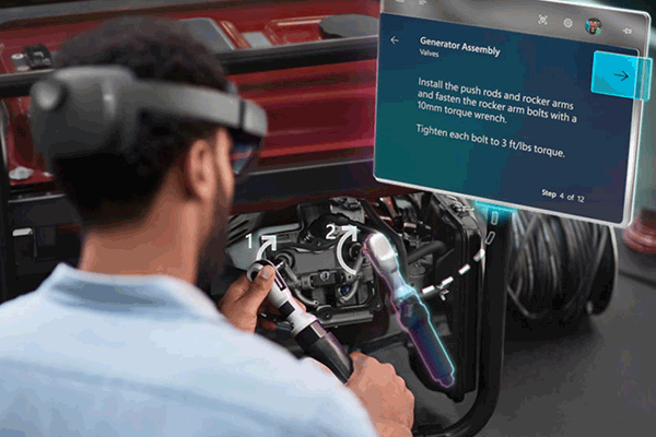 Ein Techniker benutzt eine VR-Brille, die ihm eine Schritt-für-Schritt-Anleitung zeigt.