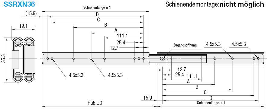 SSRXN3616) Teleskopschienenführungen / Rostfreier Stahl / Mittlere Last /  Dreistufiger Schlitten von MISUMI