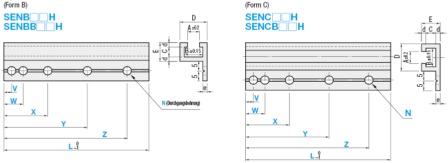 Schienen für Schalter und Sensor/Maß L/Bohrungsposition konfigurierbar (B-förmig/C-förmig):Verwandte bildanzeige