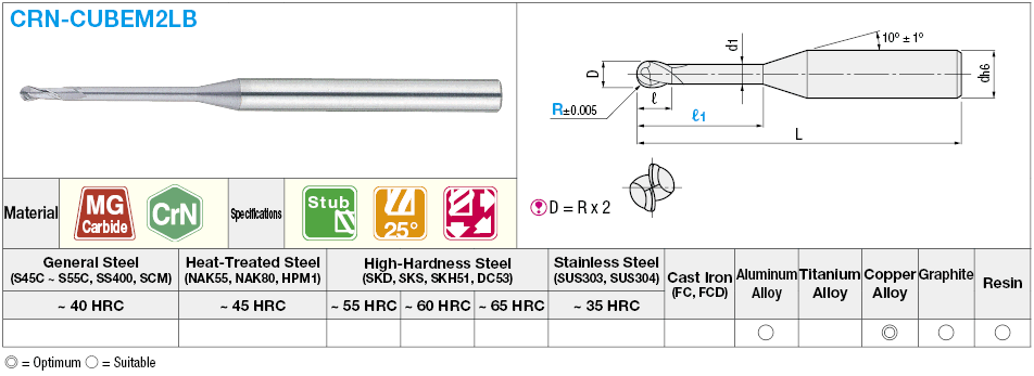 CRN Coated Carbide Long Neck Ball End Mill for Copper Electrode Machining, 2-Flute / Stub, Long Neck Model:Related Image