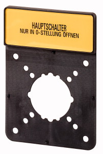 Träger mit Schild, verwendbar für P5-… / EA / SVB, P5-… / V / SVB, 36 x 6 mm, beschriftet mit Standardtext "Hauptschalter nur in 0-Stellung öffnen", Sprache deutsch