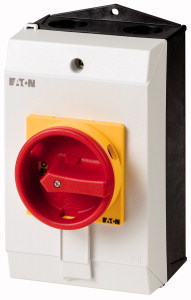 Sicherheitsschalter, P1, 25 A, 3-polig, NOT-AUS-Funktion, mit rotem Drehgriff und gelbem Sperrkranz, abschließbar in 0-Stellung mit Deckelverriegelung, mit Warnschild „Sicherheitsschalter”