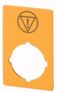 Schild, NOT-AUS, gelb, H x B = 50 x 33 mm, mit Symbol IEC60417-5638