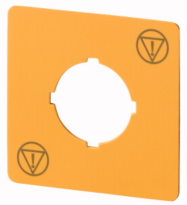 Schild, NOT-AUS, gelb, H x B = 50 x 50 mm, mit Symbol IEC60417-5638