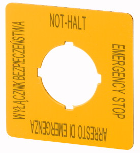 Schild, NOT-AUS, H x B = 50 x 50 mm, gelb, PL, EN, DE, IT