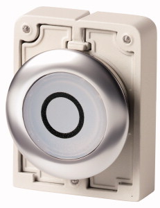 Leuchtdrucktaste, RMQ-Titan, flach, rastend, weiß, beschriftet 0, Frontring Edelstahl