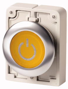Leuchtdrucktaste, RMQ-Titan, flach, tastend, gelb, beschriftet, Frontring Edelstahl