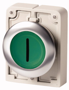 Leuchtdrucktaste, RMQ-Titan, flach, rastend, grün, beschriftet, Frontring Edelstahl