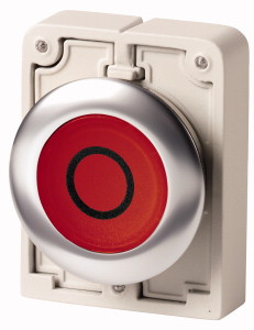 Leuchtdrucktaste, RMQ-Titan, flach, rastend, rot, beschriftet, Frontring Edelstahl