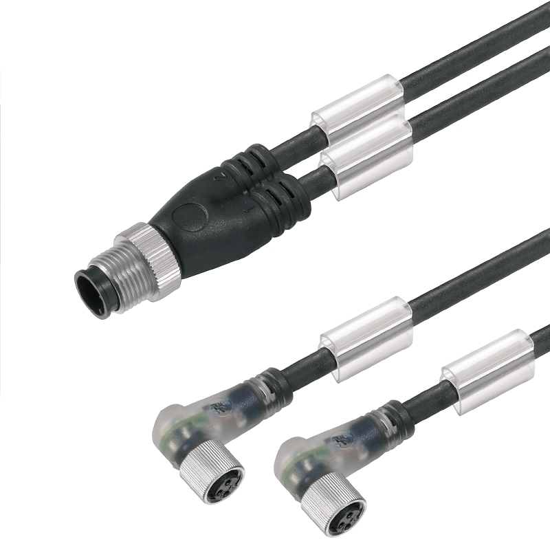 Sensor-Aktor-Adapterleitung (konfektioniert) , Verbindungsleitung, M12 / M8, Zwillingsleitung, Stift, gerade, 2x Buchse, gewinkelt