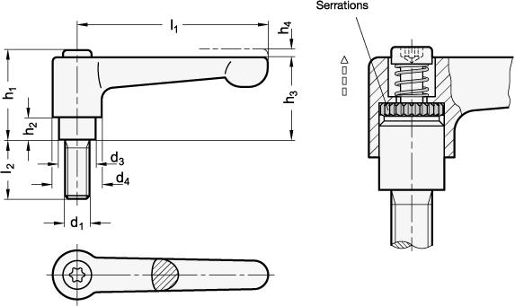 Flache verstellbare Handhebel, Zinkdruckguss, Gewindebolzen Edelstahl (GN302.1)  302.1-22-M4-32-OS