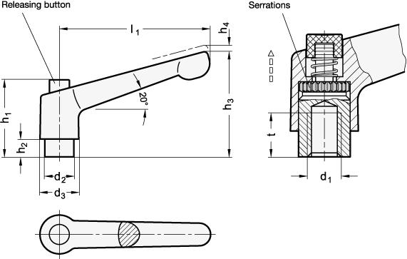 Verstellbarer Handhebel mit Entriegelungsknopf, Zinkdruckguss, Buchse Stahl zi 303.2-30-M6-SW-O