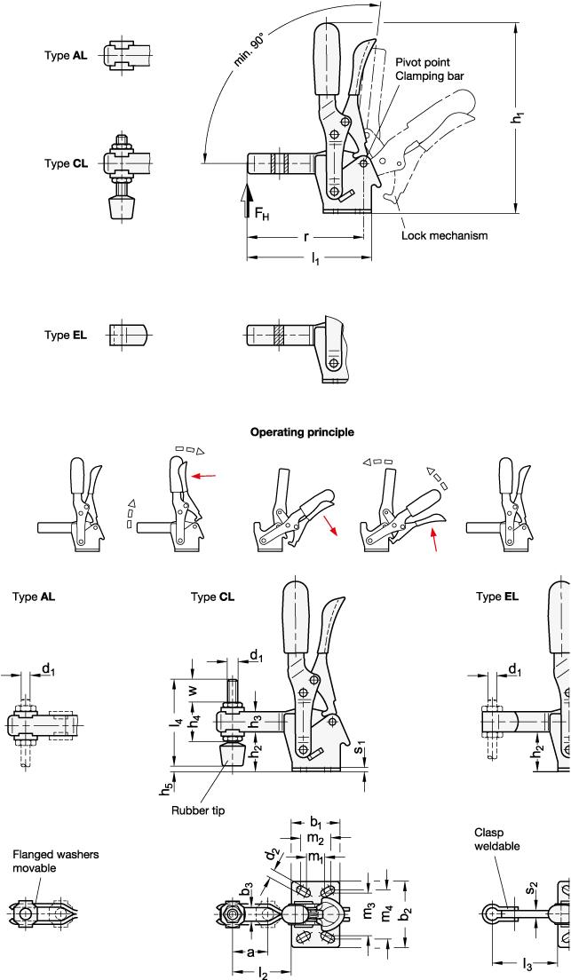 Kniehebelspanner, Betätigungshebel vertikal, Verriegelungsmechanismus, horizontal mo 810.3-130-UL