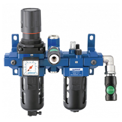 ALTO 3 - Doppelblock - Filterregler mit Manometer, Öler, Wandbefestigungsset, Zwischenstück für ungeölte Luft und 2 x Sicherheitskupplungen prevoS1