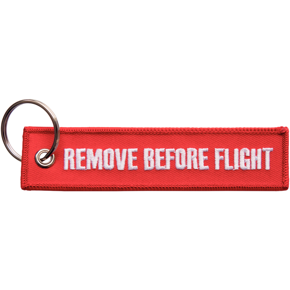 Warnfahnen, gewebt, bestickt mit Schriftzug "Remove Before Flight"