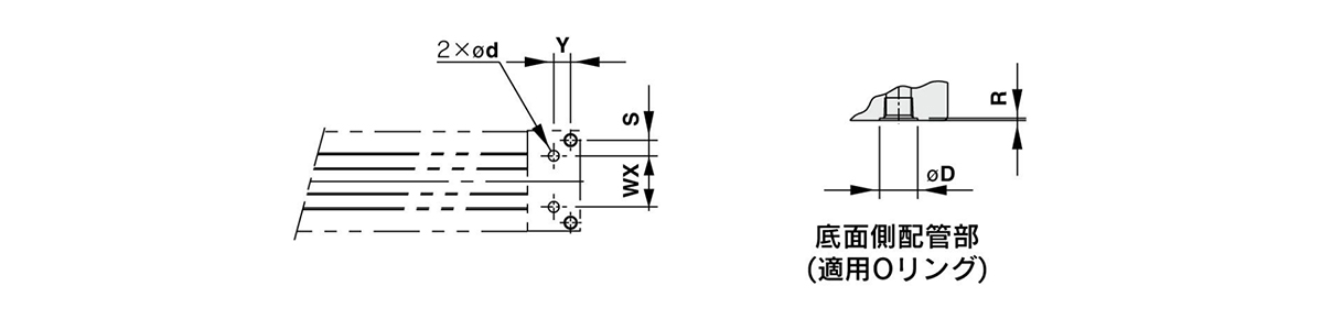 Maßzeichnung der Rohrleitungslöcher für zentrale Rohrleitungen an der Unterseite des MY1B50□ / MY1B63□ (rechts: Rohrleitungen an der Unterseite (mit O-Ring))