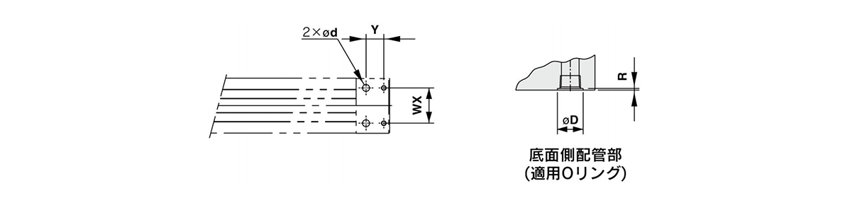 Maßzeichnung der Rohrleitungslöcher für zentrale Rohrleitungen an der Unterseite des MY1B80□ / MY1B100□ (rechts: Rohrleitungen an der Unterseite (mit O-Ring))