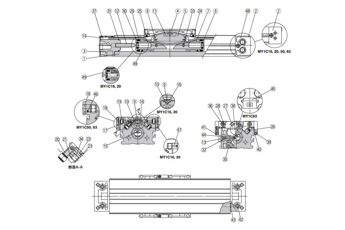 Konstruktionszeichnung des kolbenstangenlosen Zylinders mit mechanischer Verbindung, Kurvenrollenführung Typ MY1C Serie