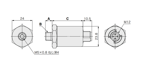 Maßzeichnung des Drucksensors für Allzweckflüssigkeiten Serie PSE570