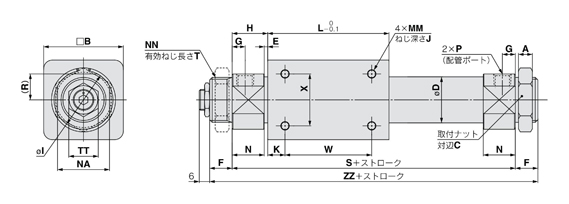 Schilder kolbenstangenlose Zylinder Grundtyp REA Serie REA25 / 32/40 Umrisszeichnung